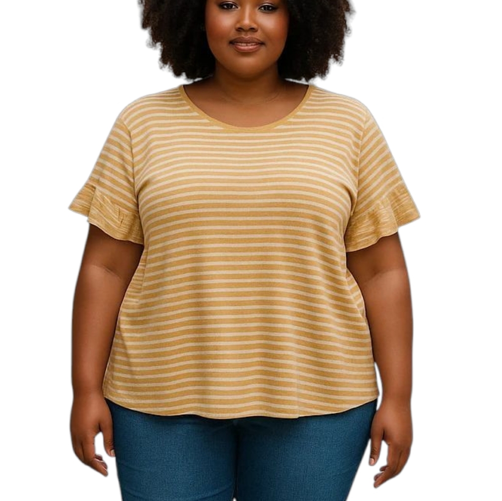 Terra & Sky Mustard and White Stripe Flounce Sleeve Blouse Size 2X